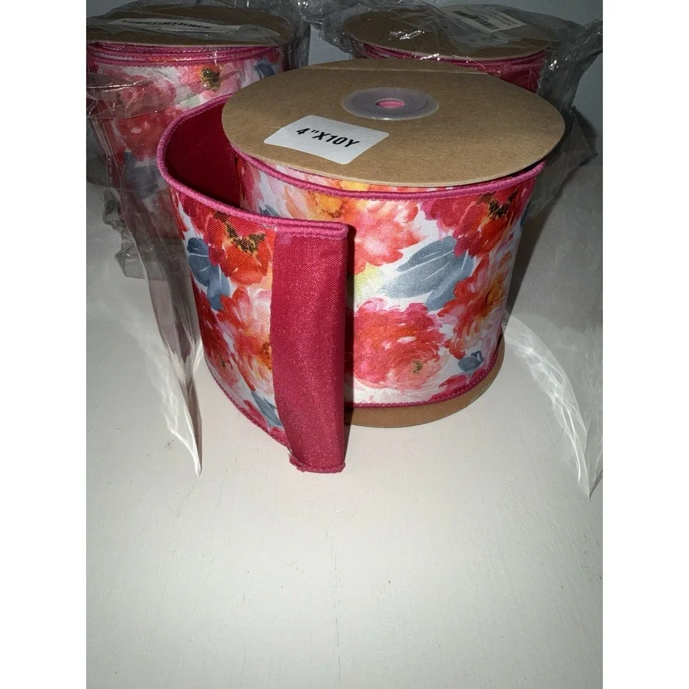 3 Floral Patterned Wired Roll 4 Inch x 10 Yards, Pink Wedding Shower Bridgerton